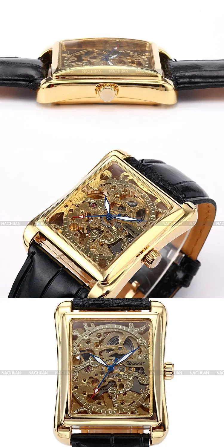 Часы скелетоны Winner Мужские механические прямоугольные золотистые дизайнерские