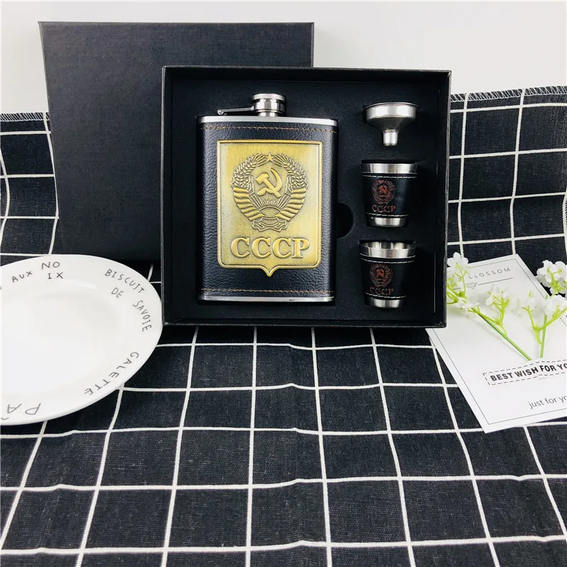 Bpa free 8 унций обернутая искусственной кожей бутылка для виски Cccp Воронка FLAGON нержавеющая сталь водка чашка спирт бедра фляжка набор с подарочной коробкой