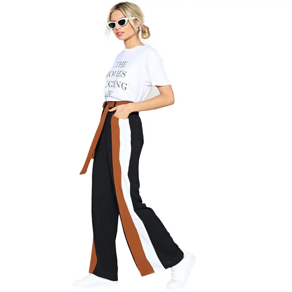 MINSUNDA Pathwork сбоку полосой широкую ногу Высокая Талия Повседневное брюки с O-Ring Belt