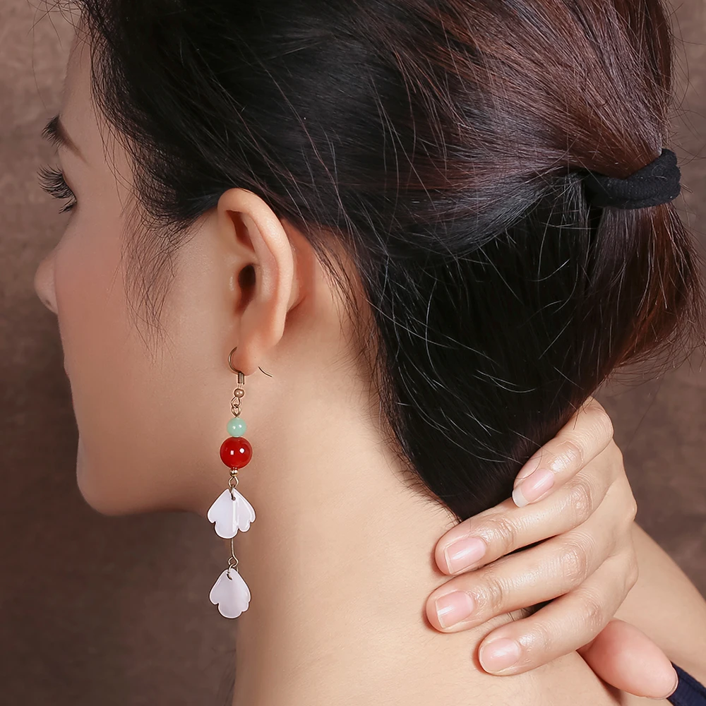 

Vintage Lampwork Peony Petals Alloy Long Drop Earrings For Women Female Red Beads tanglin Jad e Ear jewelrys Wholesale EZ-17050