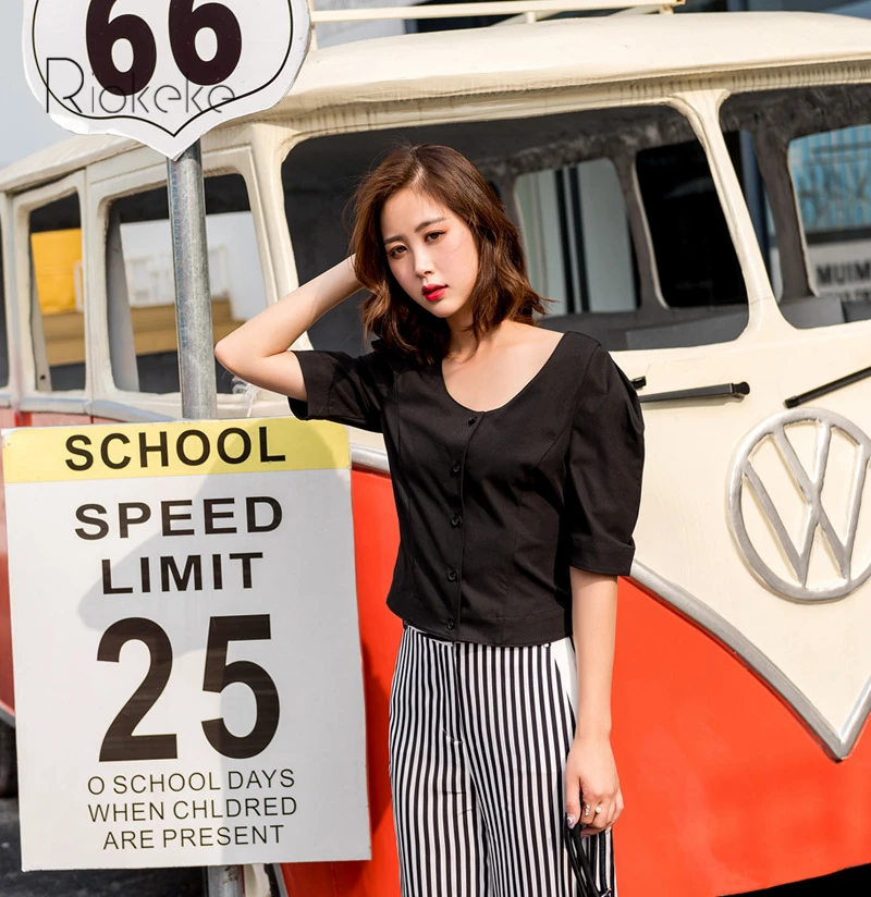 Riokeke Big O Neck Short Sleeve Women's Shirt Modern Retro 2018 Summer Womens Tops and Blouses Women Blouse Shirts Solid |