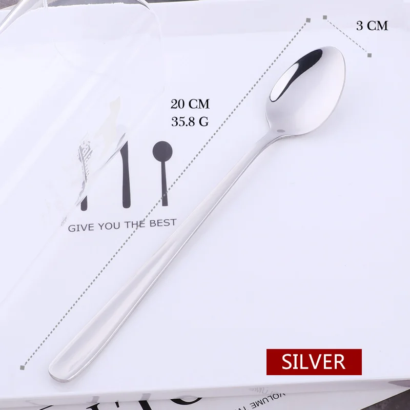 silver 18/10 радужные ледяные ложки из нержавеющей стали с длинной ручкой зеркальное полированное смешивание, перемешивание чайная ложка для напитков, мороженого, десерта - Цвет: silver