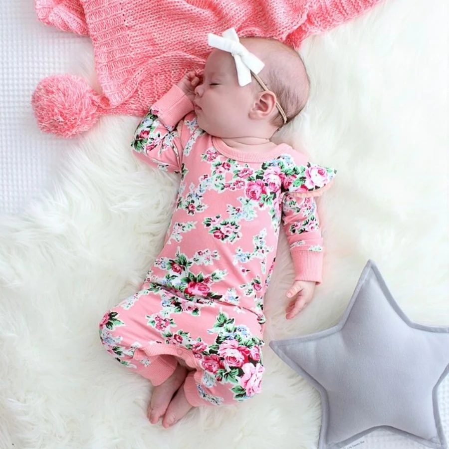 Emmababy New Cute Kids Baby Girls Floral Pink Jumpsuit Romper Long Sleeve Clothes Casual Outfits | Детская одежда и обувь