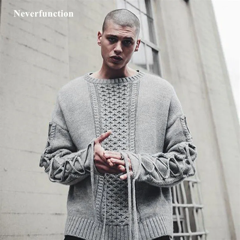 Мужской трикотажный свитер Kanye WEST черно серый хлопковый пуловер оверсайз с