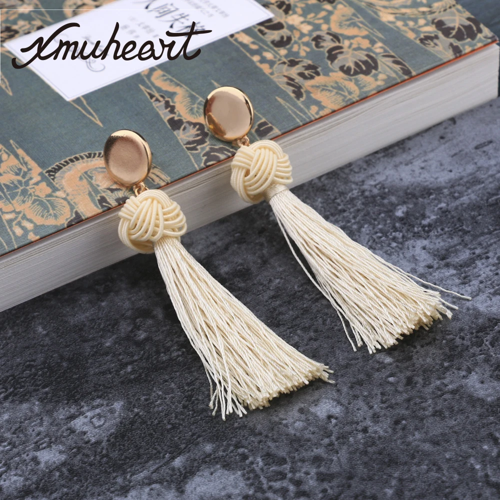 XMUHEART Stud Earrings For Women Long Tassel Vintage Blue Fashion Jewelry Pompom Rope Knot | Украшения и аксессуары