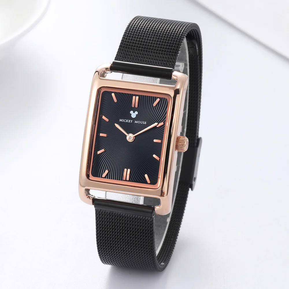 Модные женские часы disney бренд Микки Маус Женские кварцевые наручные часы из нержавеющей стали квадратные женские часы водонепроницаемые - Цвет: black
