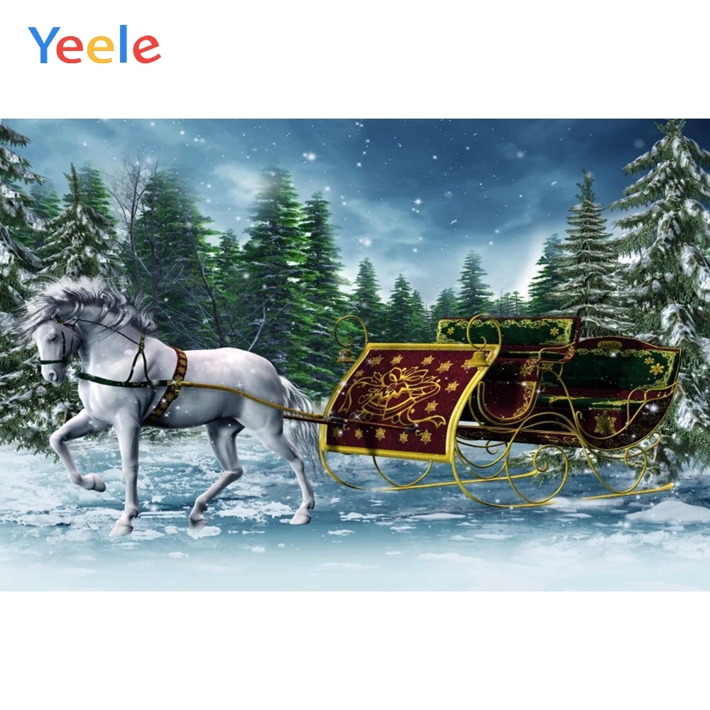 Фон для детской фотосъемки с изображением рождественской елки снега лошади