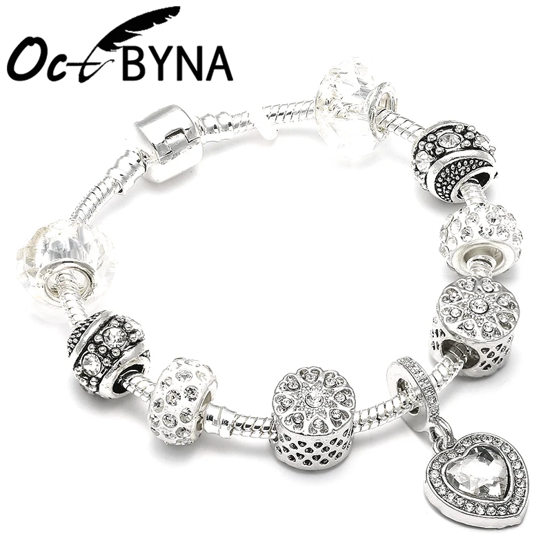 Octbyna классические серебряные подвески бусины браслет цепочка и браслет с черным сердцем Шарм бренд браслет для женщин ювелирные изделия подарок