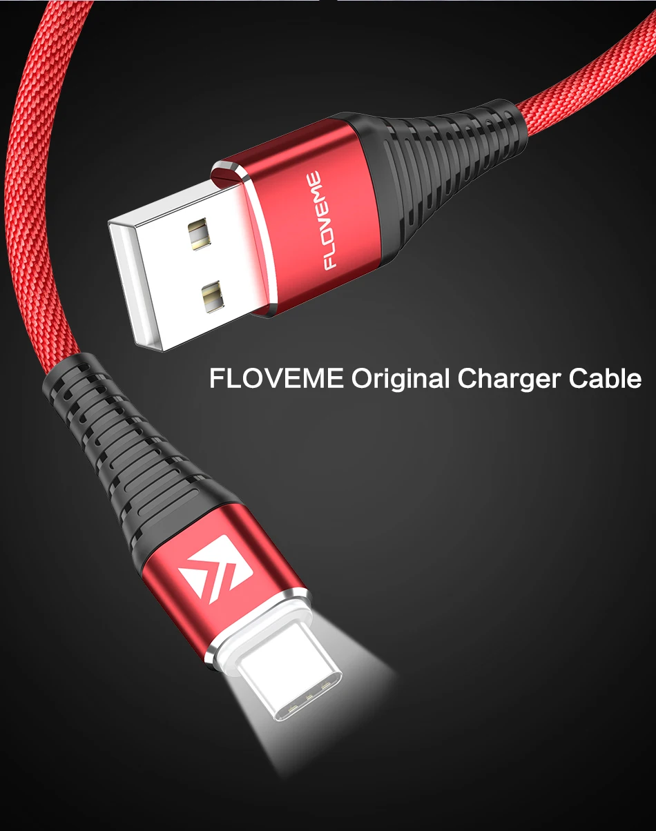 Светодиодный кабель FLOVEME type-C для samsung Galaxy S10E S10 Plus, кабель usb type-C для быстрой зарядки Xiaomi Redmi MI8, Кабель зарядного устройства