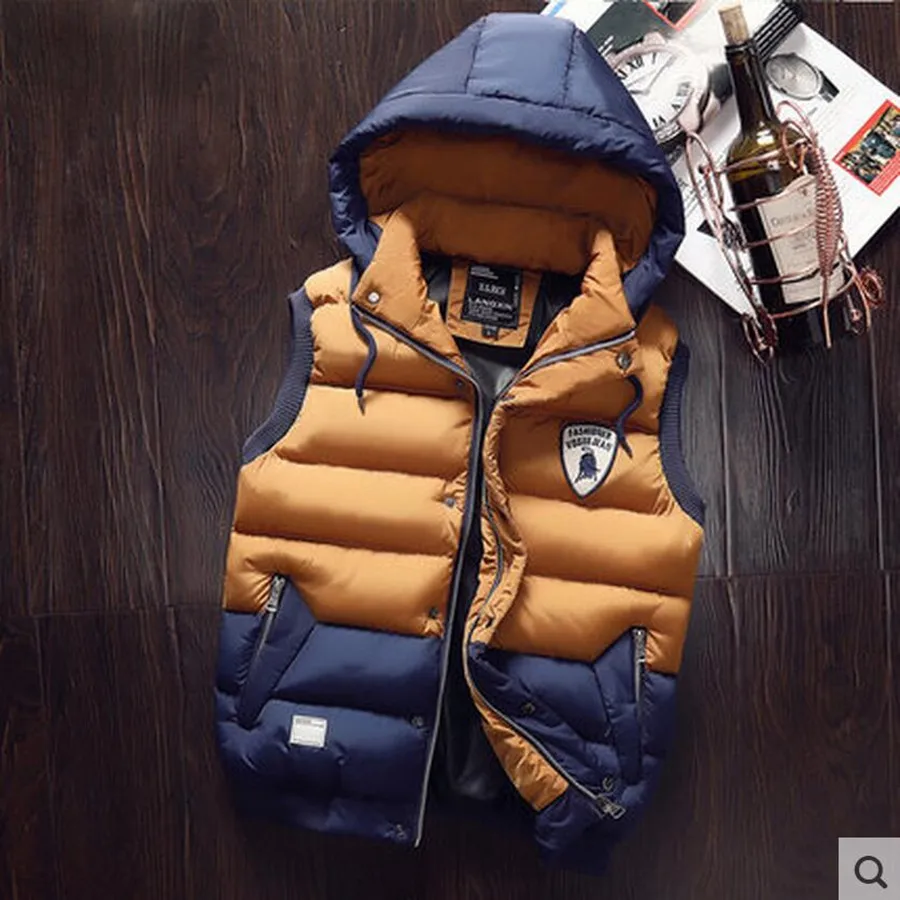 Мужской жилет без рукавов хлопковая Верхняя одежда со съемным капюшоном зимние