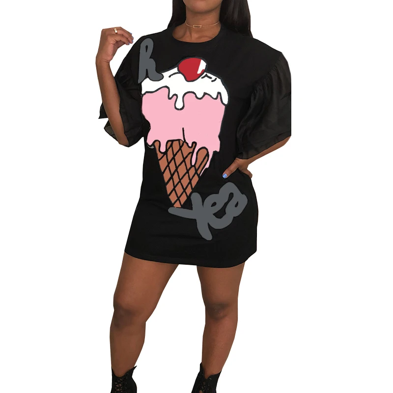 

BAMBOOBOY Band New Ice Cream Cone Print Short Sleeves Loose Mini Dress Flare Sleeve Harajuku Gothic Dress ZL983