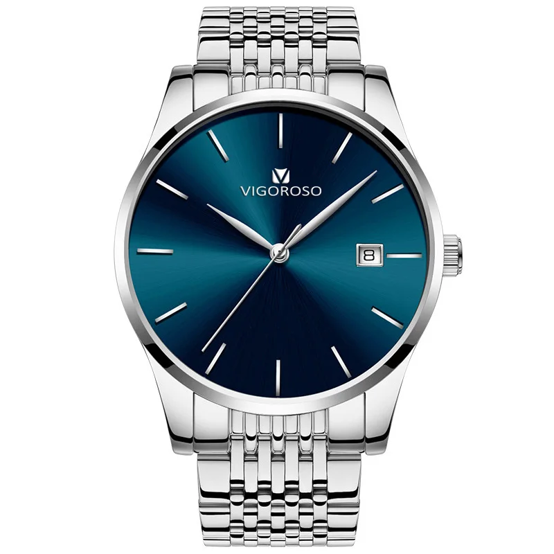 Silver Blue VIGOROSO Relogio Masculino Мужские часы Роскошные Лидирующий бренд мужские модные спортивные водонепроницаемые Бизнес часы кварцевые наручные часы Saat - Цвет: Silver Blue