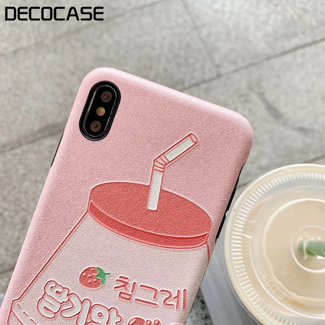 DECOCASE Lovely Korean Strawberry Milk Bottle Printing Girls Women Phone Cases for iPhone 6 6s 7 8 Plus X XR XS Max Covers Gifts |