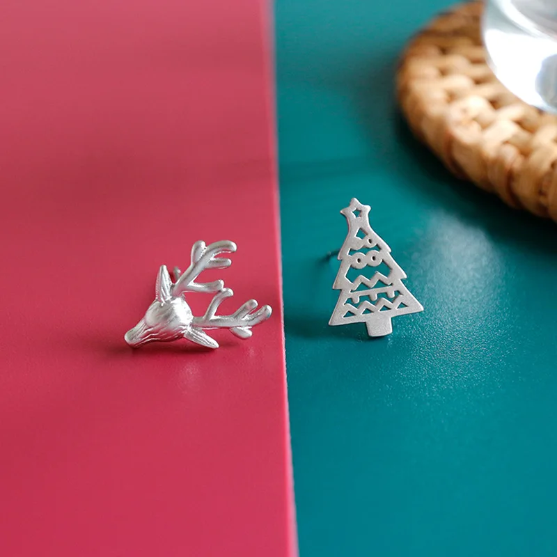 100% 925 Sterling Silver Simple Mini Elk Hollow Christmas Tree Stud Earrings for Women Fine Jewelry Engagement Gift WDE034 | Украшения и