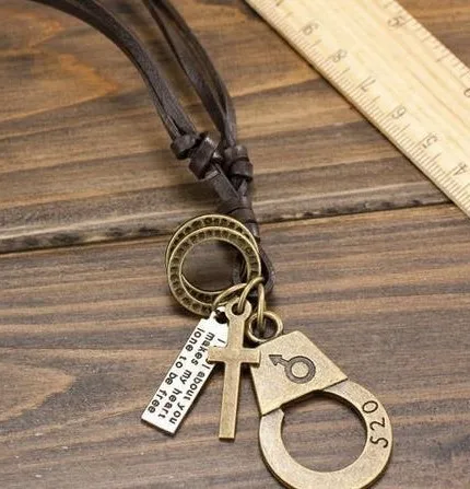 12pcs/Lot Women Trendy Alloy Necklaces Popular Handcuff Cross Pendant Leather Rope Necklace Long Link Chain Bronze | Украшения и