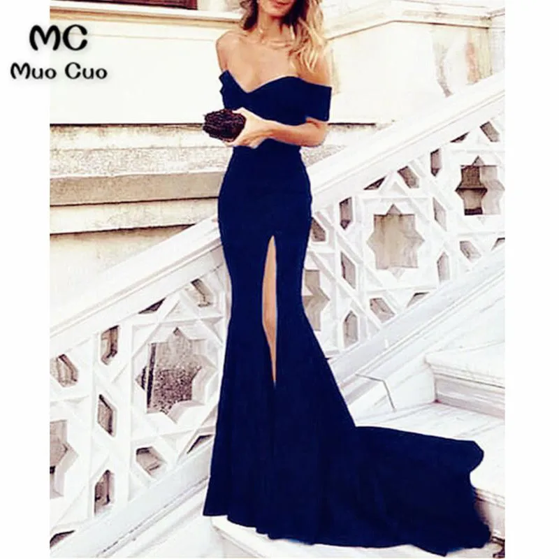 dark blue Новинка, черные вечерние платья с коротким рукавом, эластичный атлас, длина в пол, разрез спереди, вечерние платья - Цвет: dark blue