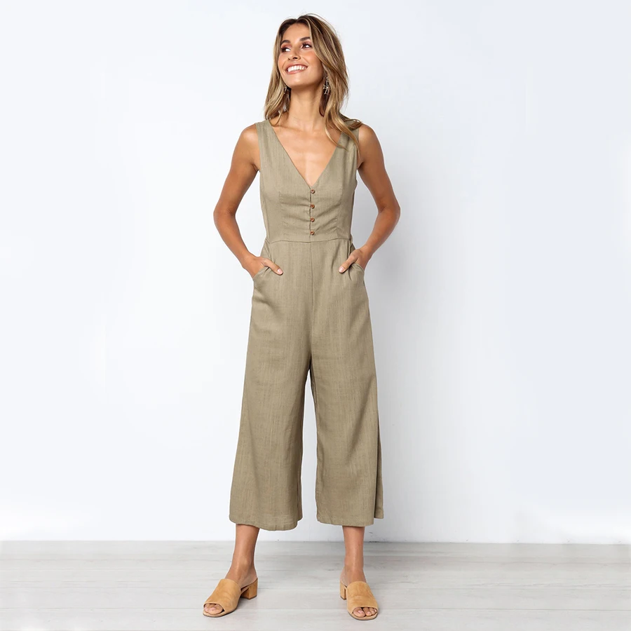2019 женский комбинезон без рукавов с v образным вырезом и пуговицы Повседневное