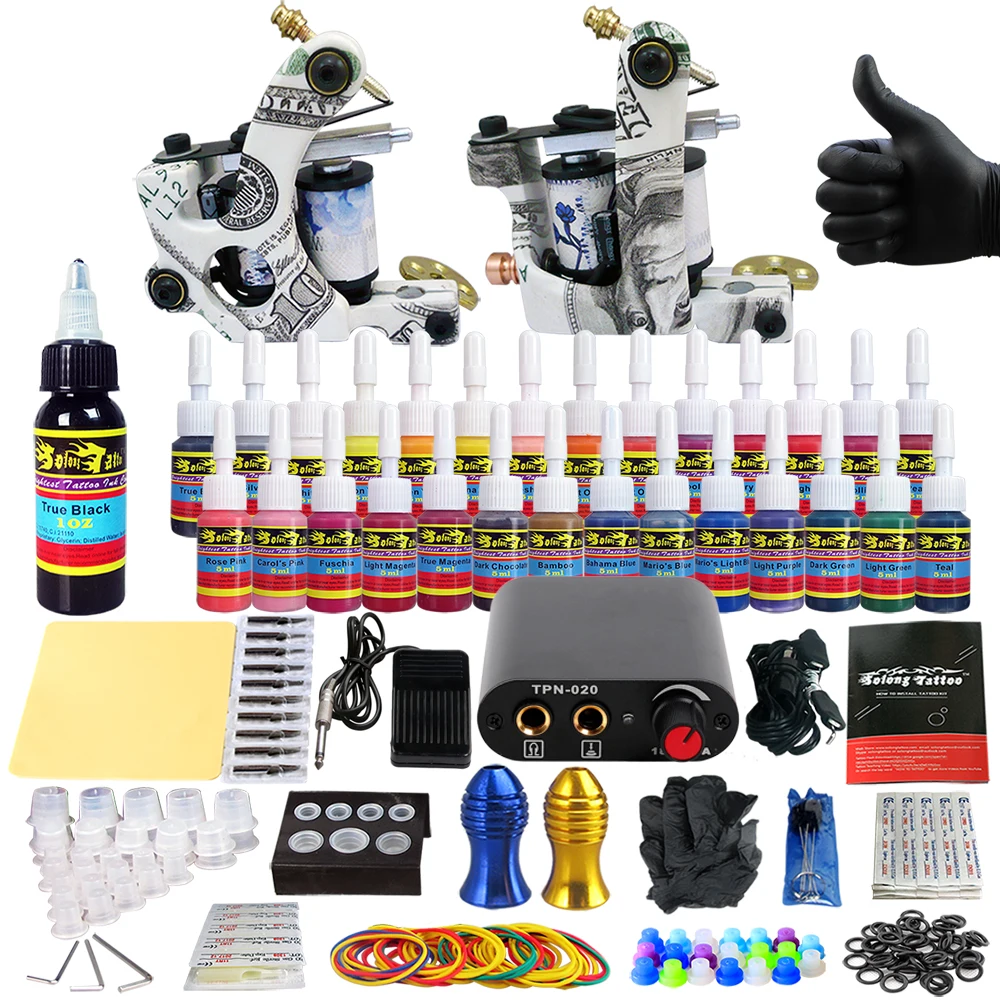 Solong татуировки Полный Профессиональный 2 Пистолеты набор Kit 28 Чернила иглы