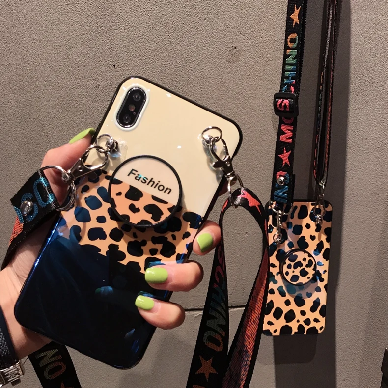 Luxury Laser Leopard 3in1 Lanyard +Holder +Cover Case for iPhone XR X XS Max 7 7plus 8 8plus 6 s Plus Fashion Cover Capa Coque |