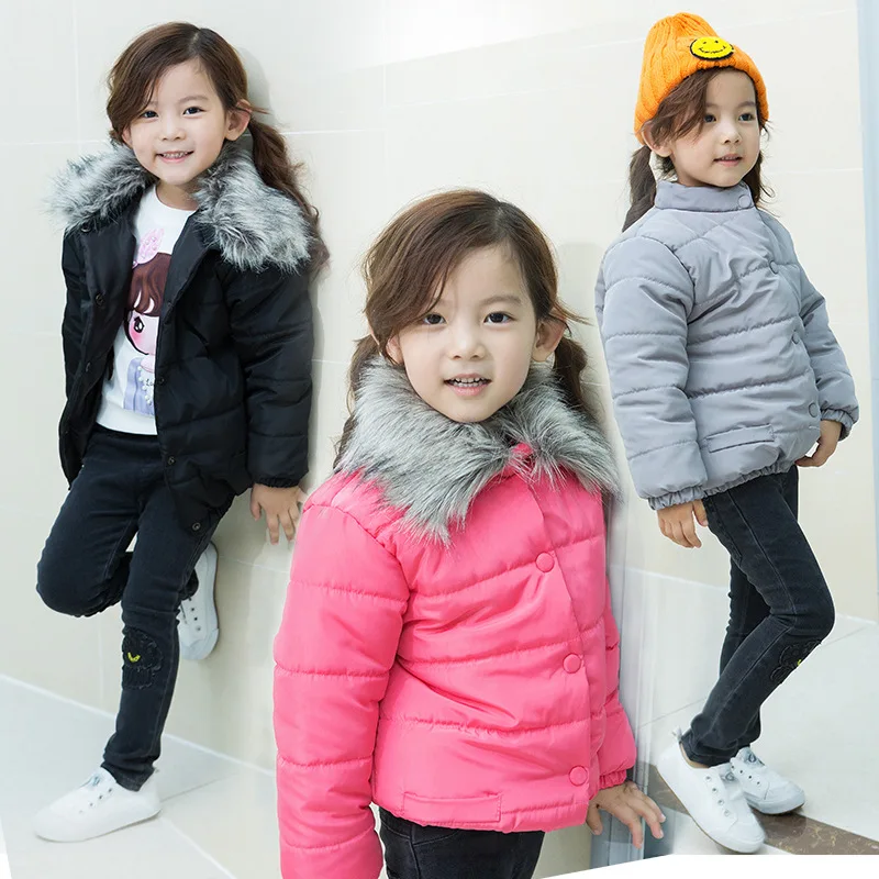

New Winter Girls Boys Cotton Warm Jackets Kids Fur Collar Coats Outerwear Korean Children 's Clothing 3-8 Years