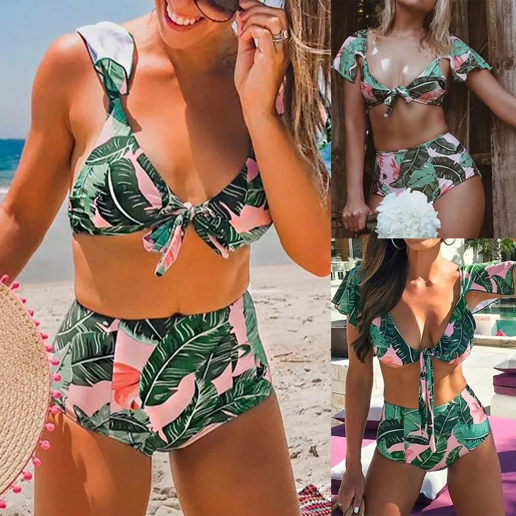 Женский купальник бикини из двух предметов с принтом в виде листьев и воланами