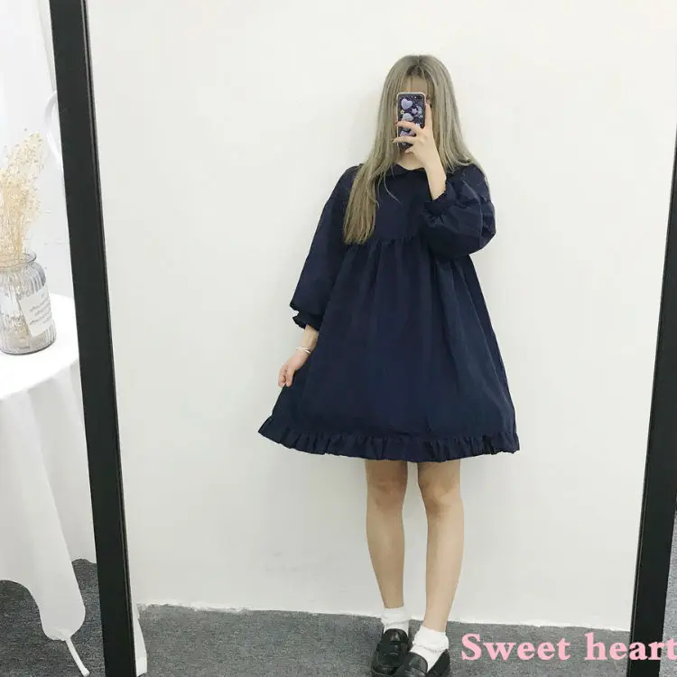 Женское платье в японском стиле Kawaii в стиле Лолиты; однотонные розовые и синие платья; милая втулка в стиле Лолиты для девочек; воротник-кукла с фартуком; юбка дворец