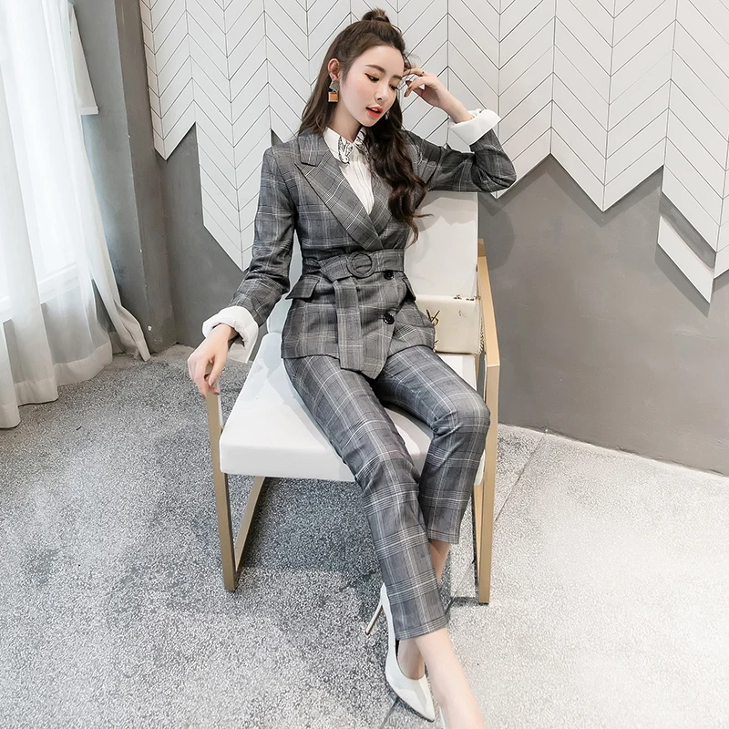 Vestidos Классические Осенние Для женщин комплект из 2 частей Бизнес 2018 Черный серый