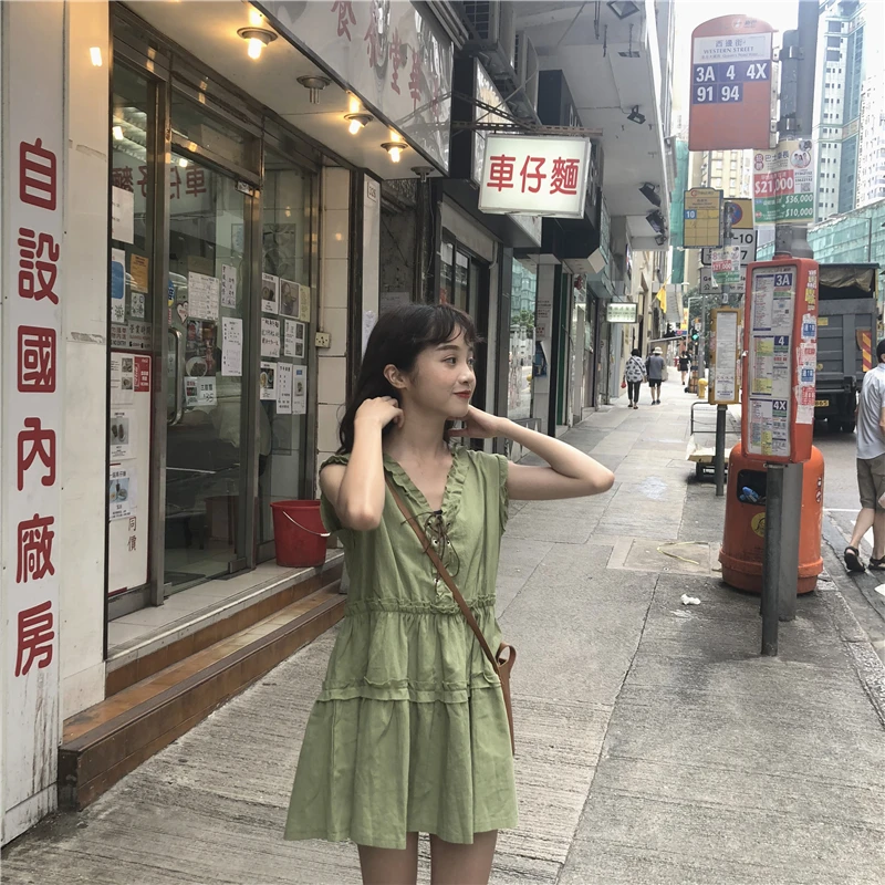 2019 женские повседневные платья японские Kawaii Ulzzang дамские винтажные кружевные с v