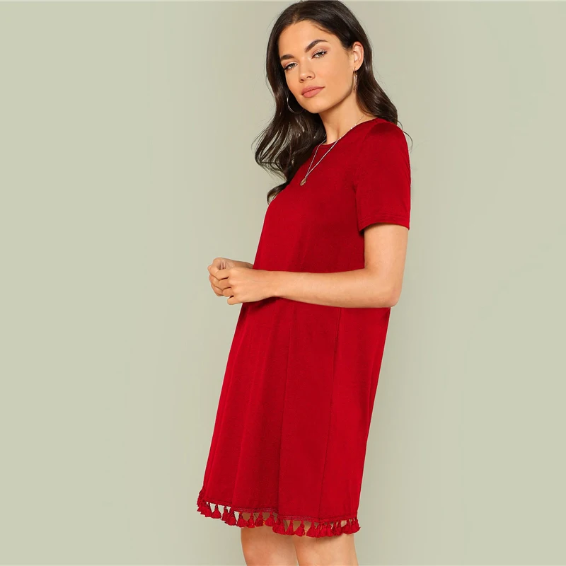 SHEIN женское летнее платье с бахромой и боковыми карманами,, цельное платье-туника с коротким рукавом