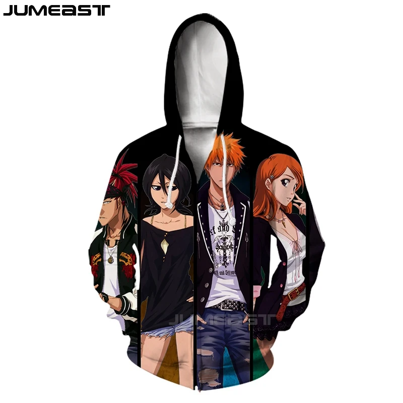 Jumeast бренд для мужчин/для женщин 3D печатных мультфильм Аниме Bleach куртка с длинными рукавами спортивный пуловер модные кепки капюшоном толстовки на молни