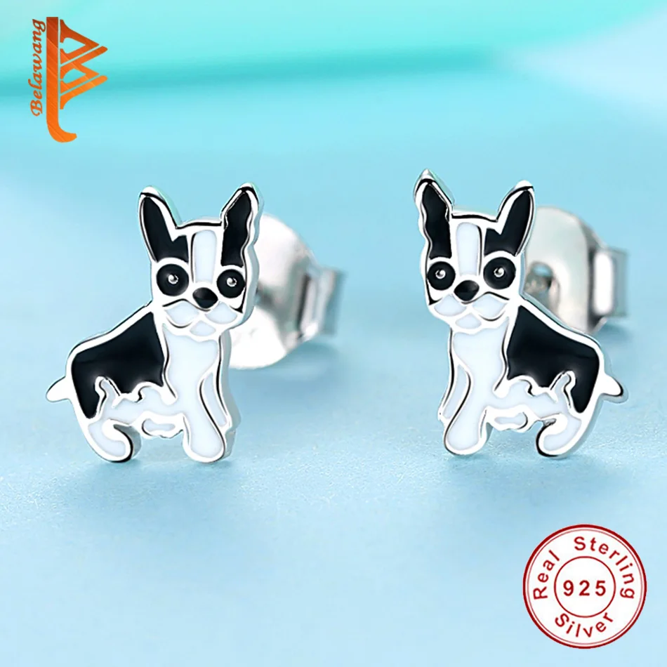 BELAWANG Spring Silver Jewelry Cute Dog Animal Small Stud Earrings 925 Sterling Silver French Bulldog for Women Girls Party Gift