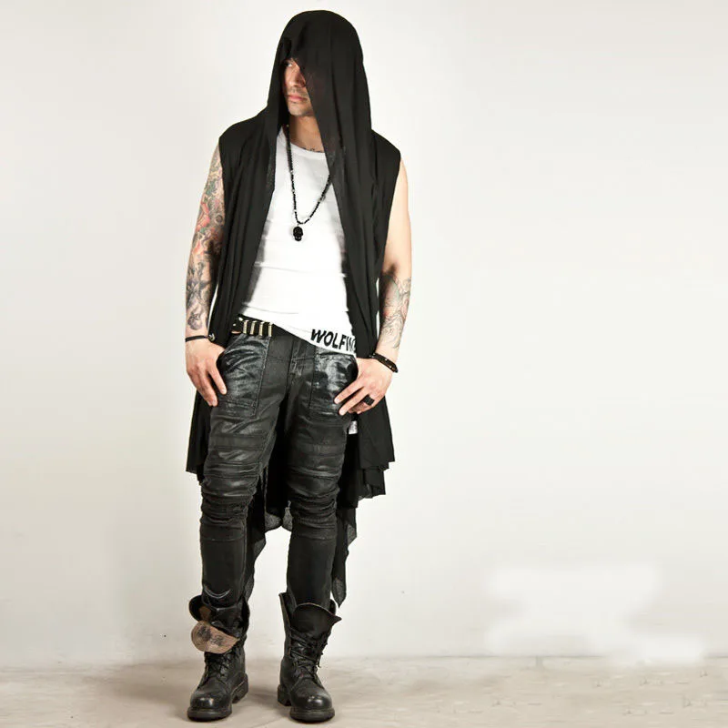 

New Spring Fashion Mens One Size Mod Casual Tops DRAPING LONG SLEEVELESS HOOD CARDIGAN Vest male solid clothing