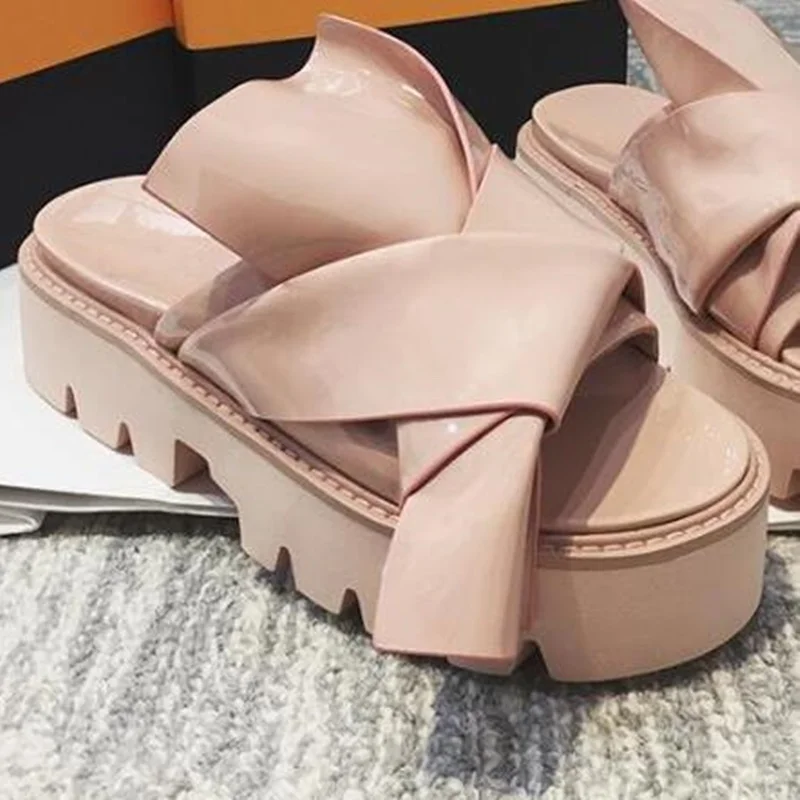

yellow bow sandals chunky heels summer beach platform sandals shoes fashion outdoor party casual slippers