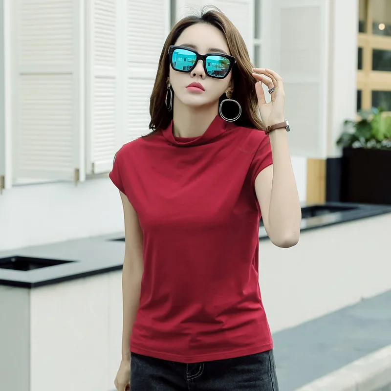wine red short sleev Женская футболка, хлопковая футболка, водолазка с длинным рукавом, модные повседневные топы, женские облегающие футболки, тонкие термо белые - Цвет: wine red short sleev