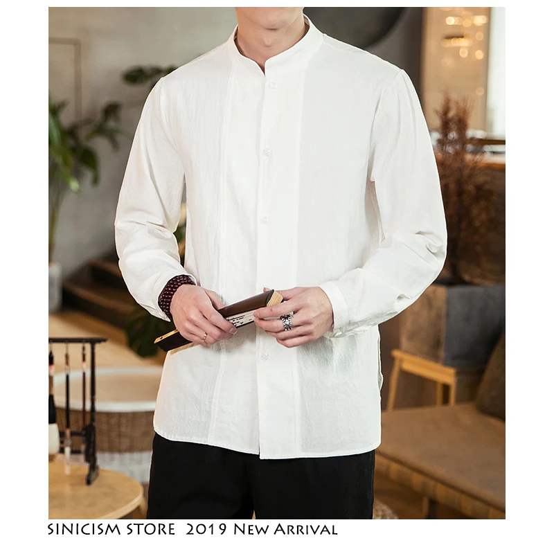 Sinicism Store мужские летние однотонные Винтажные льняные рубашки Мужская свободная Модная рубашка мужская белая рубашка с длинным рукавом рубашки размера плюс