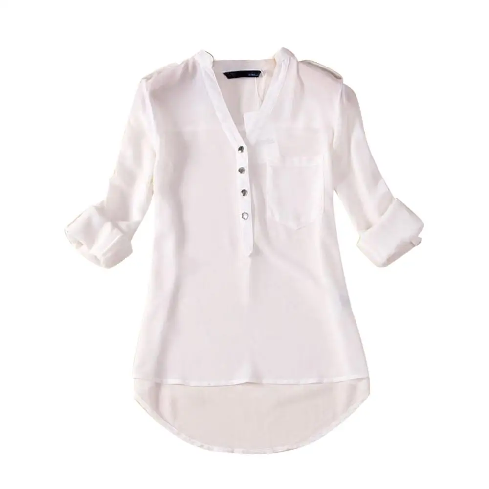 Белая рубашка Chemise Femme, женская летняя шифоновая рубашка с v-образным вырезом и длинным рукавом, однотонные повседневные рубашки с карманами, топы, блузки, одежда, Camisas Mujer