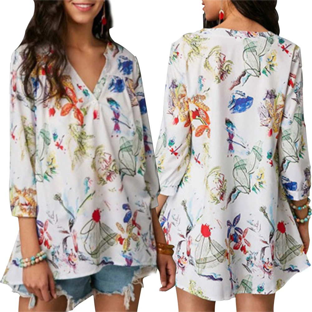 Весна Лето Женский v-образный вырез цветочный из шифона с цветочным принтом