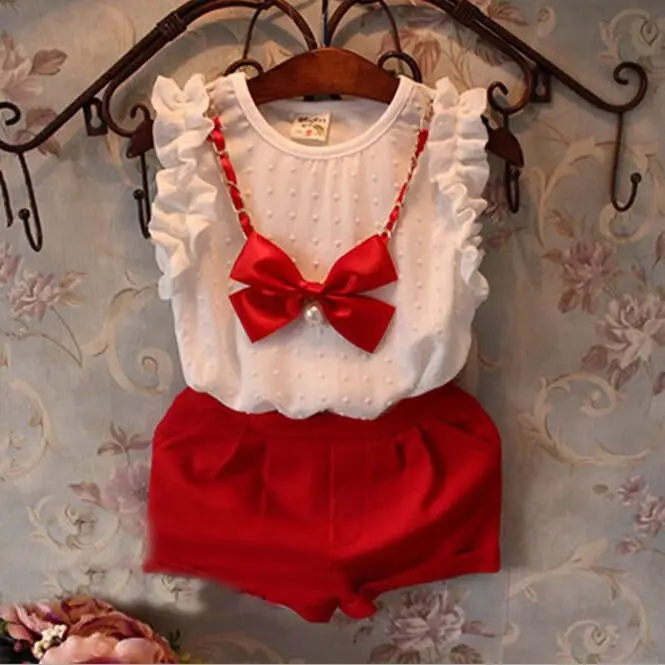 Белая шифоновая майка из 3 предметов шорты с бантом и necklace ем комплект одежды для