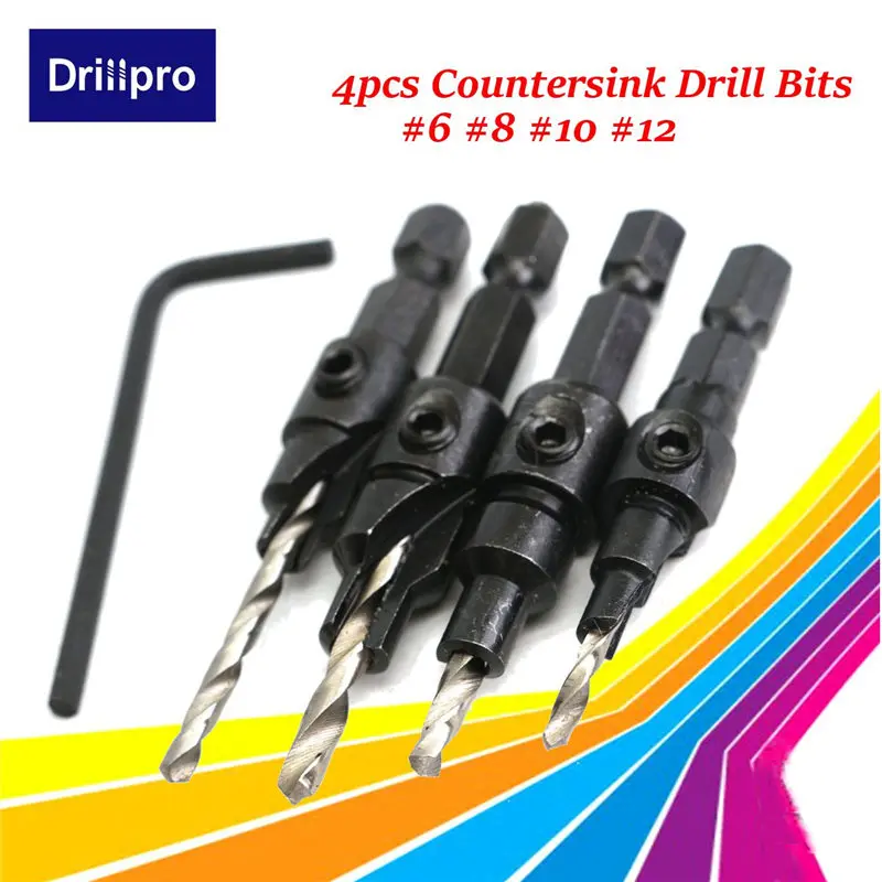Drillpro 4 шт. HSS Зенковка набор сверл быстрая замена шестигранный хвостовик винт#6#8#10#12 Высокое качество