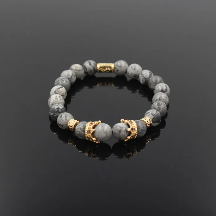 Винтажный браслет с шармом с короной Pulseiras Masculinas натуральный мраморный камень шарик эластичный браслет Для Йоги Женский Pulseras мужской браслет