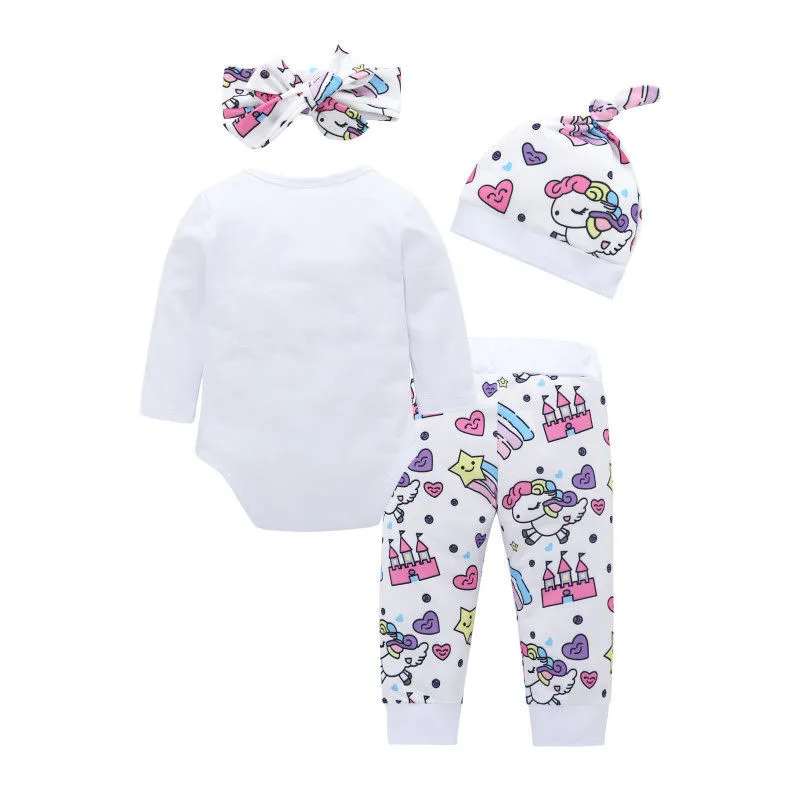 

CANIS Cotton 2018 Casual Baby Kids Boy Newborn Infant Baby Girl Unicorn Tops Romper Long Pants 4Pcs Outfits Clothes