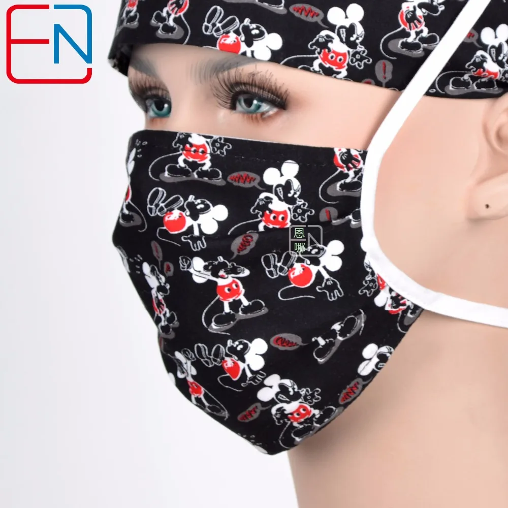 Hennar медицинские скрабы шапки маски черный мультфильм печатных больница хирургическая клиника шапки эластичные повязки Уход Аксессуары Шапки Маска