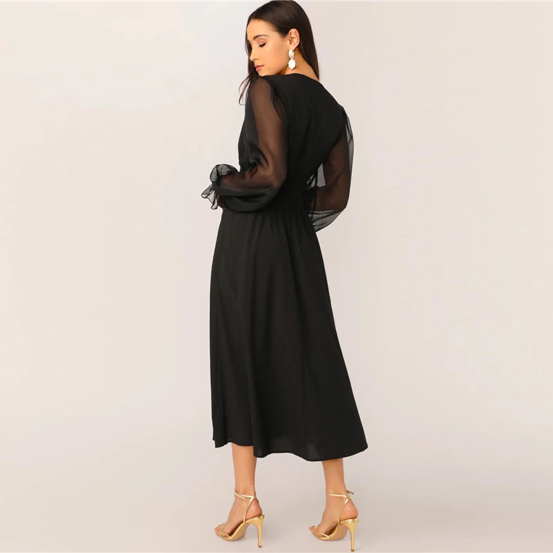 Sheinside Elegant V Neck Button Detail Dress Women Spring Mesh Lantern Sleeve Patchwork Dresses Ladies Solid A Line Dress