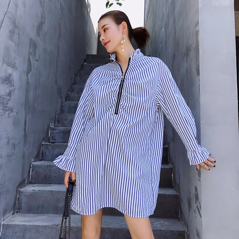 Лето осень Винтаж свободные Повседневное полосатый оборками до колена Длина Для