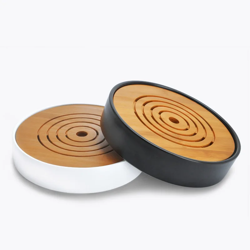 

1pcs Circular Disc Tray Chinese Ceramic Tea Tray Water Storage Type Bamboo Tea Tray Bubble