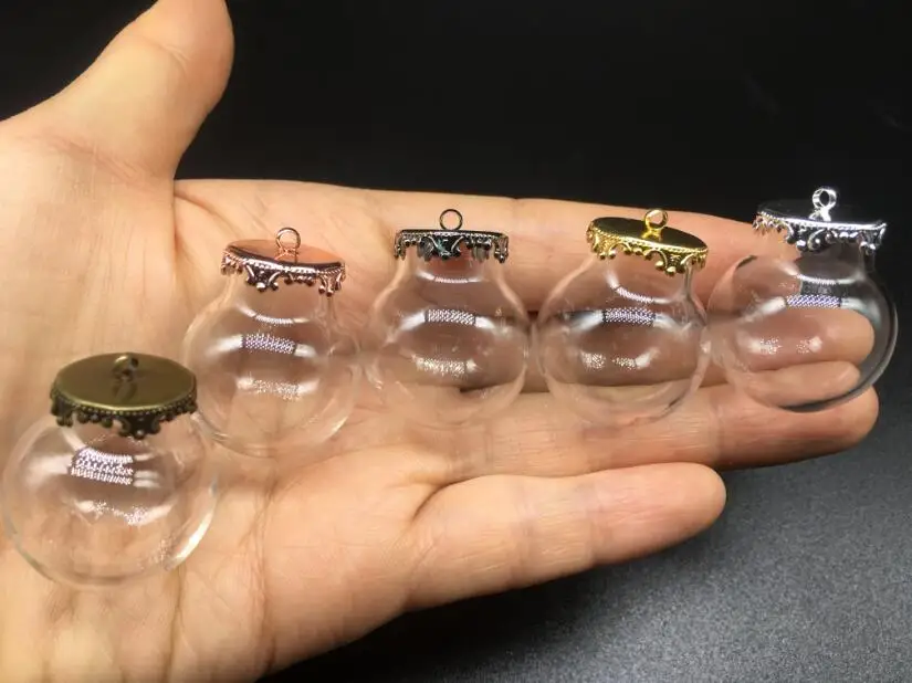 

100sets 25x15mm glass globe with silver/bronze/gold metal crown base tray jewelry necklace hollow glass orbs DIY wishing bottles