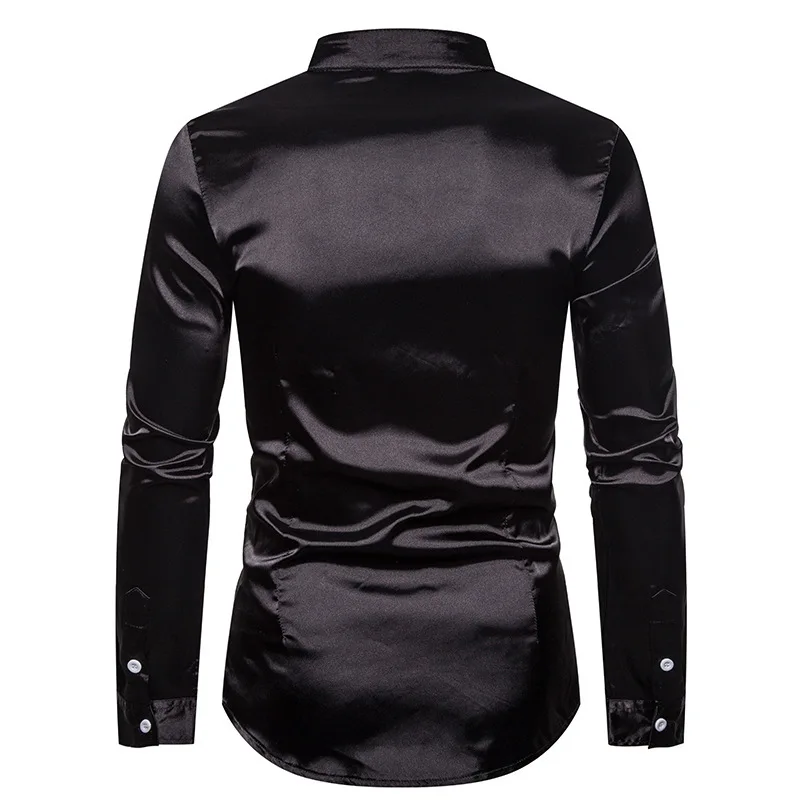 Мужская атласная рубашка с длинным рукавом черная классическая шелковая