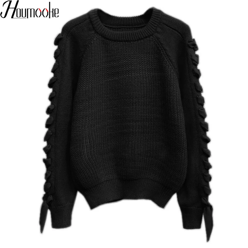 HMK 2019 Women Sweater Knitted O-neck Bow Long Seleeve solid color chic Pullover Womens Sweaters Jumper Sueter Mujer Top | Женская