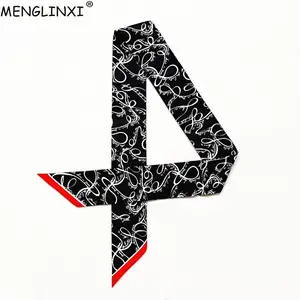 Шарф Шелковый женский, узкий, с принтом на цепочке