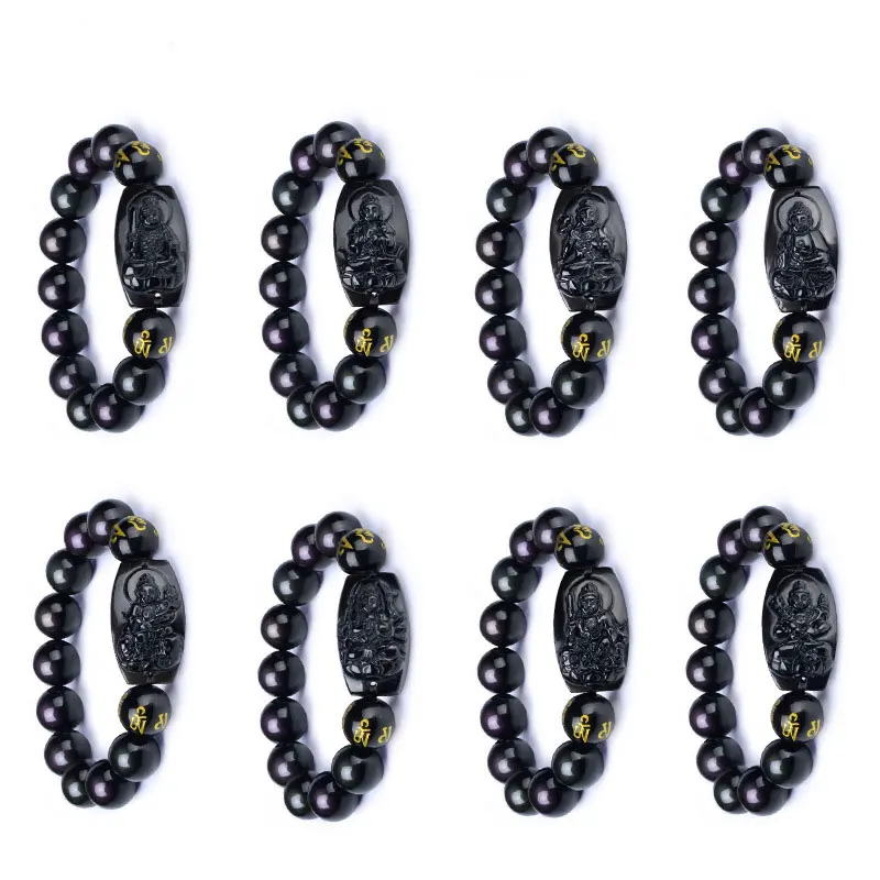 

KYSZDL Natural Obsidian carving Eight Patron saint Lucky Amulet 12mm round Bead Bracelet For Women Men Bracelet